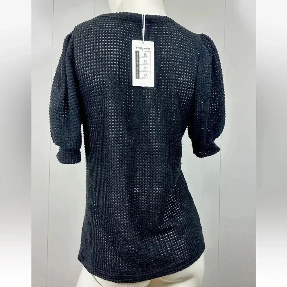 NWT Prettywear Puff Short Sleeve Top Waffle Loose Casual Blouses Sz M - Picture 5 of 9